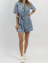 Davi & Dani Art Studio Spotted Denim Romper In Blue Denim In Grey
