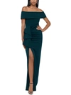 Xscape Off The Shoulder Long Scuba Crepe Dress In Silver