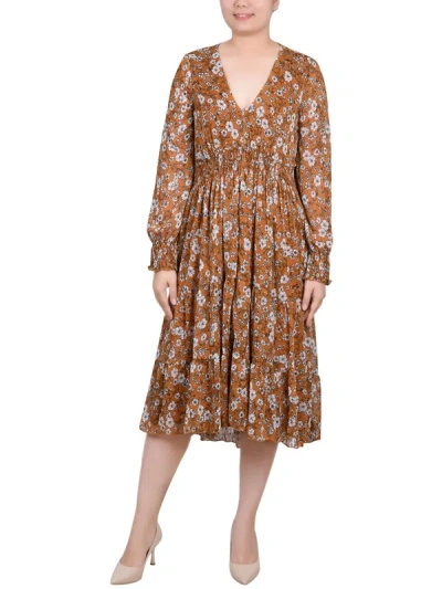 Ny Collection Petite Clip Dot Chiffon Smocked Midi Dress In Multi