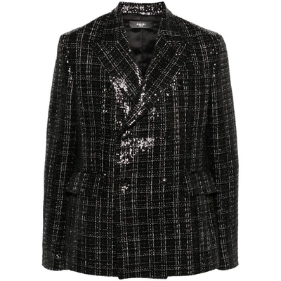 Amiri Double-breasted Checked Sequinned Bouclé Blazer In Black