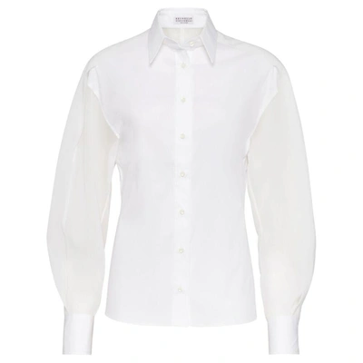 Brunello Cucinelli Women's Stretch Cotton Poplin Shirt With Cotton Organza Sleeves And Monili In White