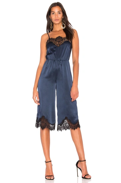 Alice And Olivia Alice + Olivia Quincy Lace-trim Silk Gaucho Jumpsuit In Navy/black