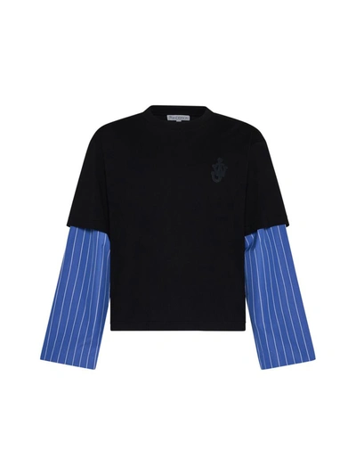 Jw Anderson Striped-sleeve Cotton T-shirt In Black,blue