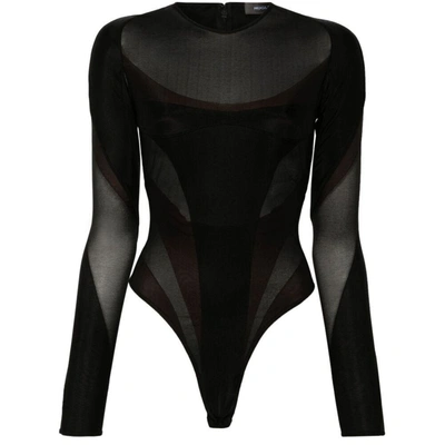 Mugler Panelled-mesh Jersey Bodysuit In Black