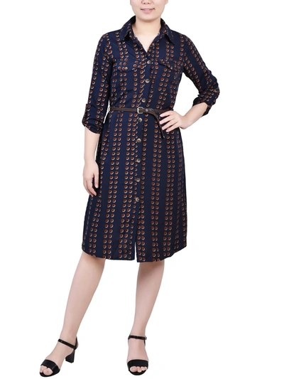 Ny Collection Petites Womens Polka Dot Pocket Shirtdress In Navy Big Dot