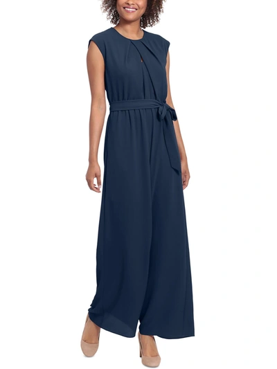 London Times Womens Crepe Pleated Neck Jumpsuit In Blue