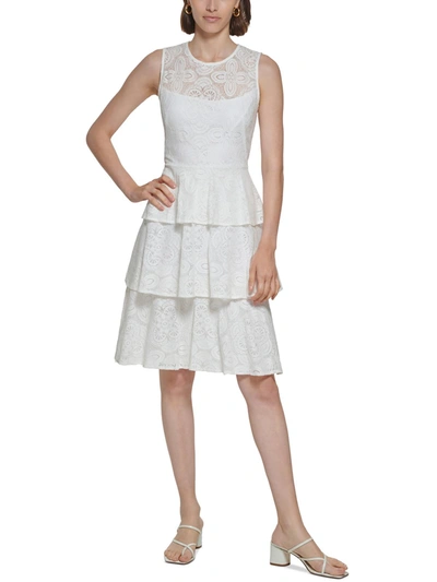 Calvin Klein Petites Womens Lace Tiered Fit & Flare Dress In White