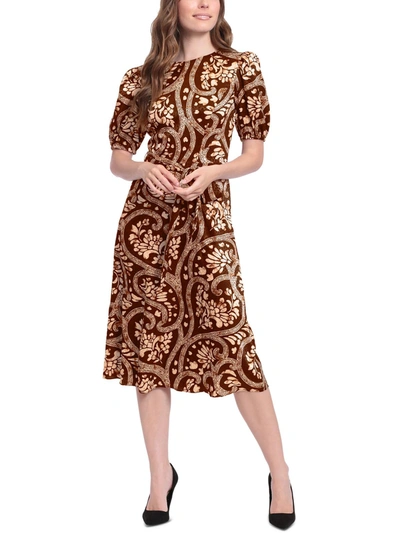 London Times Petites Womens Puff Sleeve Printed Midi Dress In Brown