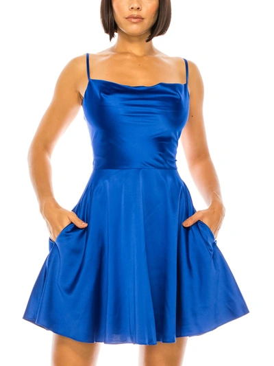 B Darlin Juniors Womens Satin Mini Fit & Flare Dress In Blue