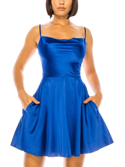 B Darlin Juniors' Cowlneck Satin A-line Lace-up-back Dress In Royal