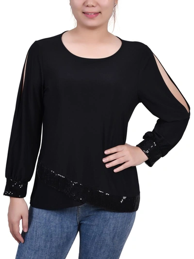 Ny Collection Petites Womens Jersey Embellished Pullover Top In Black