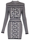 Balmain Structured Knit Dress With Marked Waist In Blanc/bleu Marine Foncé