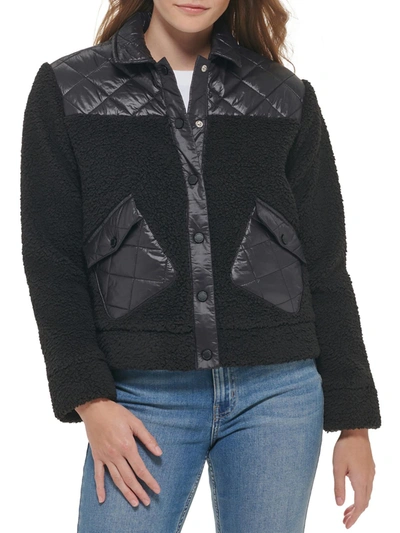 Calvin Klein Womens Mixed Media Sherpa Quilted Coat In Black