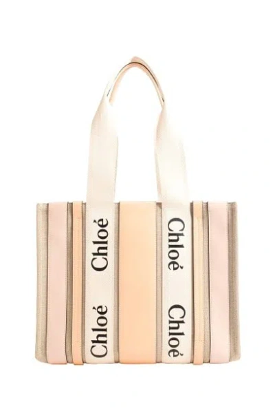 Chloé Pink Woody Medium Linen Tote Bag In Multicolor