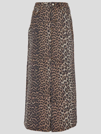 Ganni Leopard-print Denim Maxi Skirt In Brown