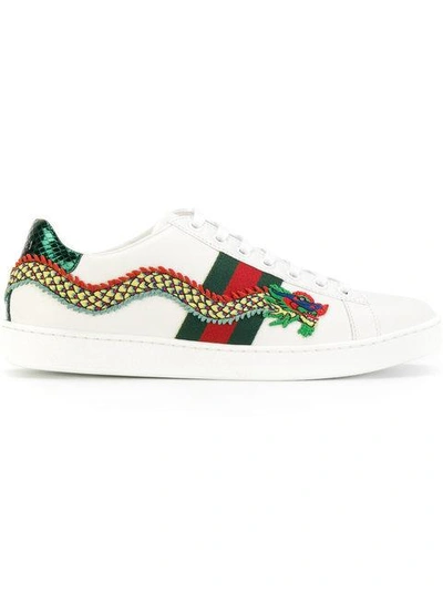 Gucci "new Ace Dragon"皮革运动鞋 In Bianco White
