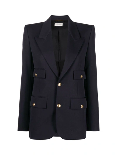 Saint Laurent Single-breasted Grain De Poudre Blazer In Blue