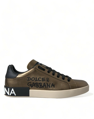 Dolce & Gabbana Bronze Leather Portofino Logo Men Trainers Shoes In Multi