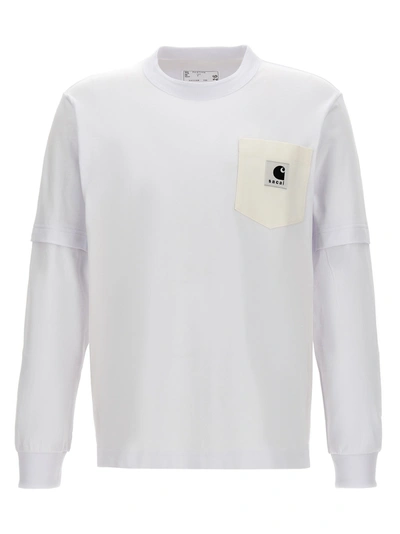 Sacai Carhartt Wip Layered Logo-appliquéd Canvas-trimmed Cotton-jersey T-shirt In White