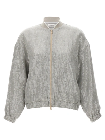 BRUNELLO CUCINELLI SEQUIN BOMBER JACKET CASUAL JACKETS, PARKA GRAY