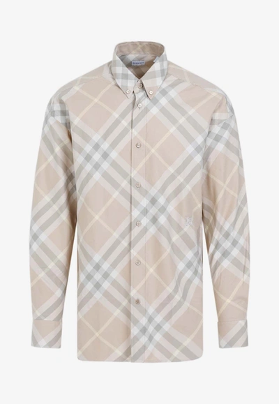 Burberry Button-down Checked Shirt In Beige