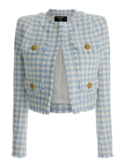 BALMAIN LIGHT-BLUETWEED CROPPED CHECKERED JACKET IN COTTON BLEND WOMAN