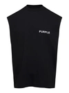 PURPLE BRAND BLACK SLEEVELESS CREW NECK T-SHIRT WITH LOGO PRINT IN COTTON MAN