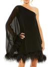 Mac Duggal One Shoulder Trapeze Dress With Feather Trim In Black