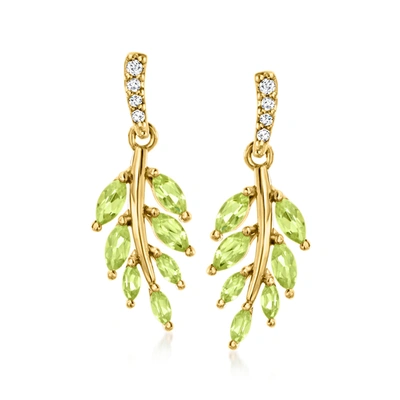 Ross-simons Peridot Leaf Drop Earrings With Diamond Accents In 18kt Gold Over Sterling In Green
