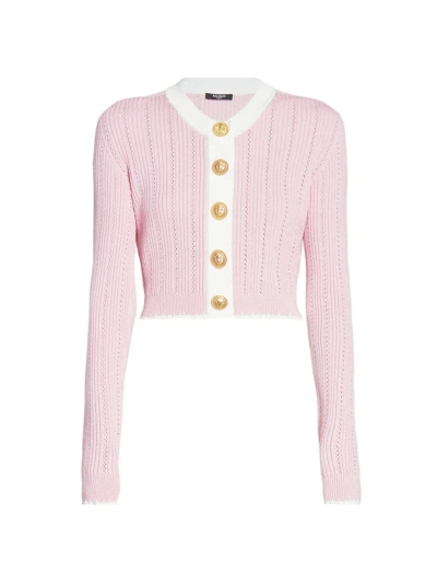 Balmain Pointelle-knit Cropped Cardigan In Pink