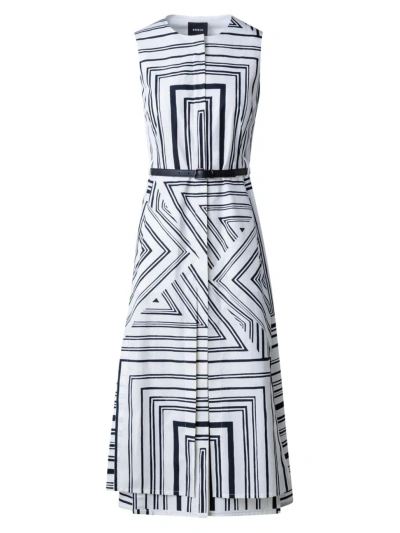 Akris Poplin Lizzi's Lines Printed Midi Dress With Belt In Black Ecru