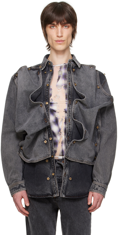 Y/project Grey Snap Off Denim Shirt In Evergreen Vintage Bl