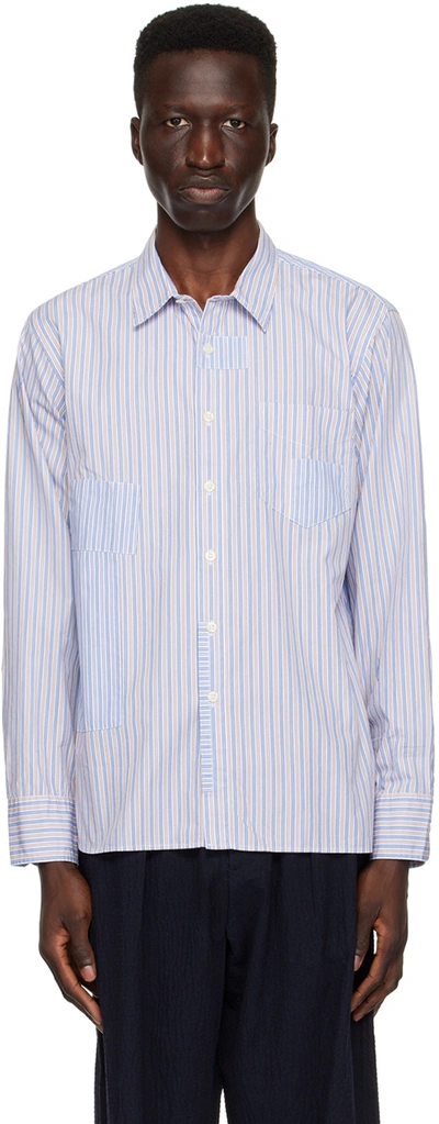 Universal Works White & Blue Patched Shirt In Blue Stripe