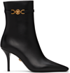 Versace Leather Booties With Logoed Strap And Stiletto Heel 9cm In 1b00v Black