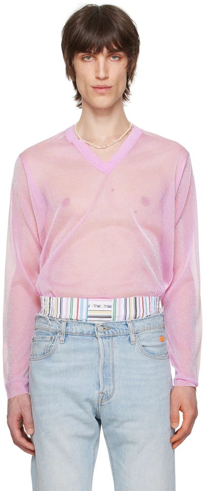 Erl Pink V-neck Long Sleeve T-shirt In Metal Pink