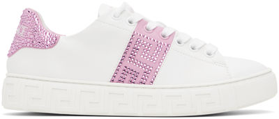 Versace Greca Crystal-embellished Leather Trainers In White + Pink
