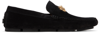 Versace Black 'la Medusa' Suede Driver Loafers In Black- Gold