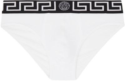 Versace White Greca Border Briefs In 2wl40-white+black Wh