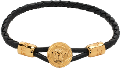 Versace Medusa Biggie Braided Leather Bracelet In Black+gold