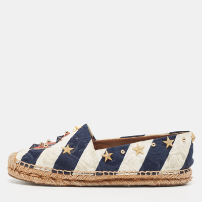 Pre-owned Dolce & Gabbana Navy Blue/white Striped Brocade Fabric Star Studded Espadrille Flats Size 36