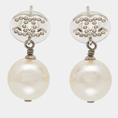 Pre-owned Chanel Cc Faux Pearl Crystal Silver Tone Drop Earrings