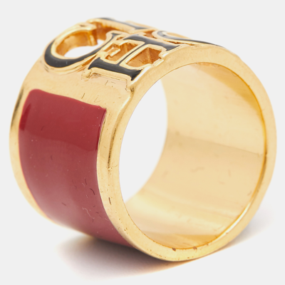 Pre-owned Carolina Herrera Ch Enamel Gold Tone Ring Size 53