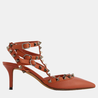 Pre-owned Valentino Garavani Orange Leather Rockstud Pointed Heels Size Eu 36