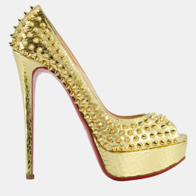 Pre-owned Christian Louboutin Gold Python Embossed Spike High Heel Size Eu 38.5