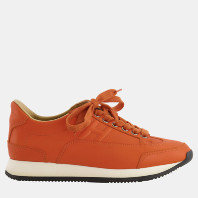 Pre-owned Hermes Orange Leather Trainers With Logo Detail Size Eu 36
