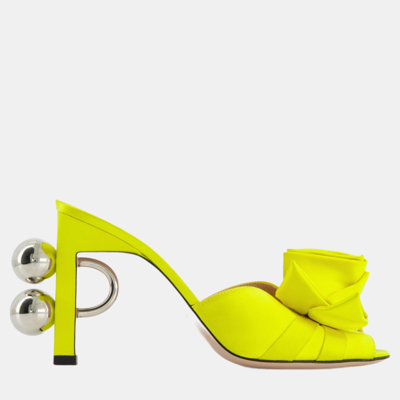 Pre-owned Gucci Neon Yellow Satin Rose Mules With Gg Detailing Size Eu 37.5