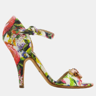 Pre-owned Dolce & Gabbana Floral Embellished Toe Heeled Sandal Size Eu 37 In Multicolor