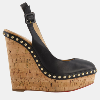 Pre-owned Christian Louboutin Black Leather Wedges With Gold Details Size Eu 37