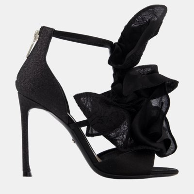 Pre-owned Dior Christian  Black Satin And Lace Applique Evening Ankle Strap Heels Size 37
