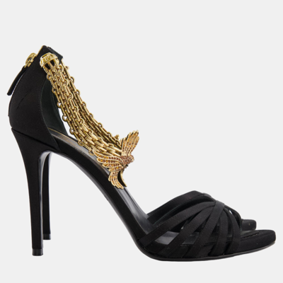 Pre-owned Roberto Cavalli Black Sandal Heels With Crystal Gold Ankle-strap Details Size 39.5